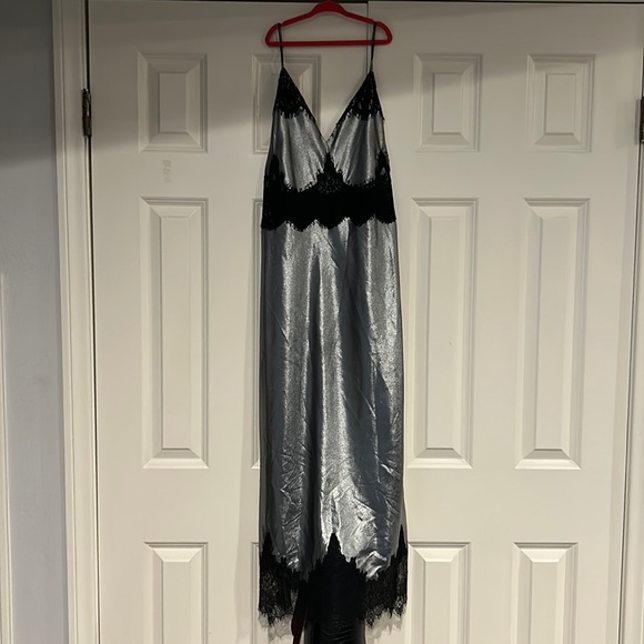 ALLSAINTS Ophelia Metallic Lace Trim Maxi Slip Dress Silver Black size 6 - Picture 3 of 8